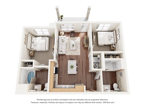 Floor plan for 2 beds, 2 baths, 853 sqft